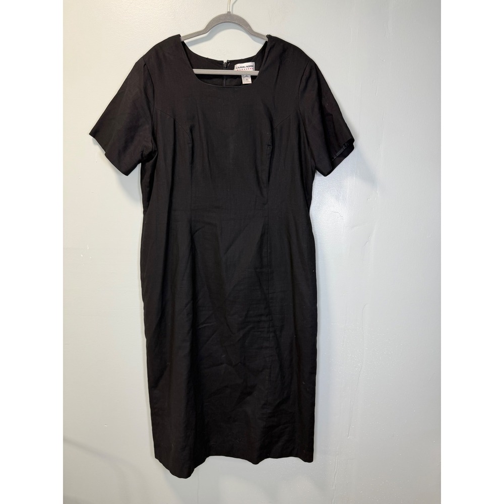 Carol Horn Workshop VTG Black Linen Cotton Sheath Dress 18W Short Sleeve Midi